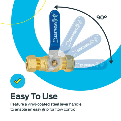 Eastman 1/2 in compression brass ball valve with blue lever handle, full-port, front view