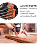 Close-up of HSS twist drills and person using drill from Beast 246-Piece Titanium HSS Drill Bit Set With Carry Case For Metal Wood Masonry And Plastic