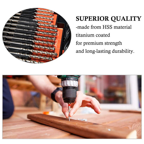 Close-up of HSS twist drills and person using drill from Beast 246-Piece Titanium HSS Drill Bit Set With Carry Case For Metal Wood Masonry And Plastic