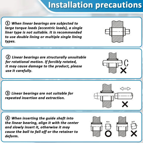 NOOTO linear ball bearings installation precautions sign with four blue-bordered instructional panels and diagrams