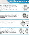 Installation precautions for SW4G 1/4 Inch Ball Linear Bushing Bearing with illustrations showing correct vs incorrect uses.