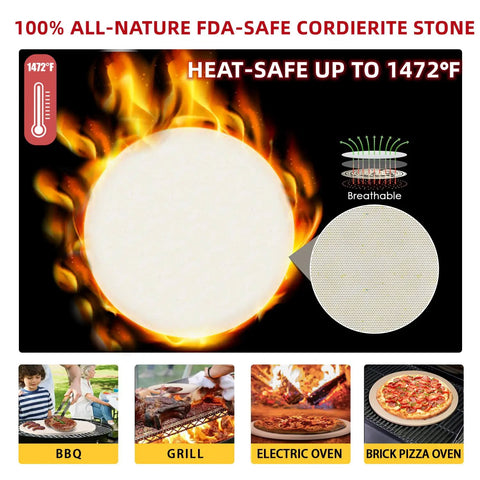 5 Piece Round Pizza Stone Set With 13 Inch Stone, Oak Wood Pizza Peel, 12 By 17 Paddle, Serving Rack, Large Pizza Cutter, And Ten Free Parchment Papers