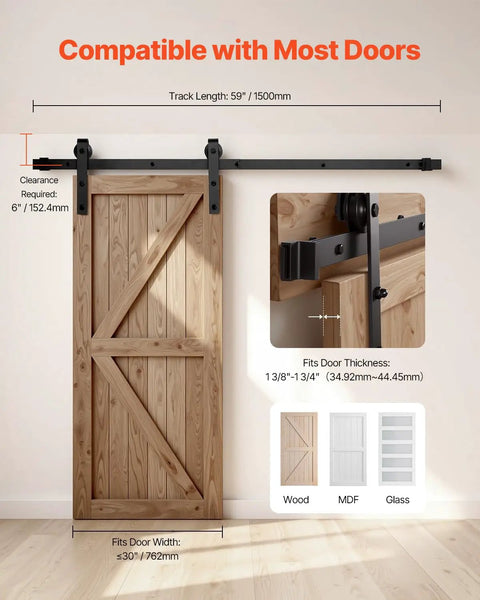 Heavy Duty 5Ft Sliding Barn Door Hardware Kit With 330 Lb Capacity, Fits Up To 30In Wide Doors And 1 3 Eighths To 1 3 Quarters Inches Thick, Durable Black Track And J Shape Rollers, Rust Resistant Powder Coat, Smooth Quiet Sliding, Easy Install
