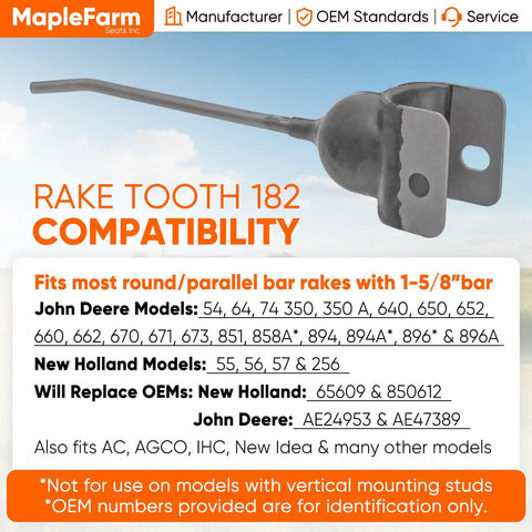 Universal Hay Rake Teeth Replacement Tines 25 Pack Rubber Mounted For Easy Hay Handling Tedder And Baler Teeth image showing compatibility.