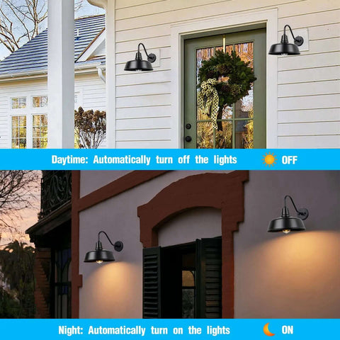 Gooseneck Barn Outdoor Light Exterior Wall Sconce for Farmhouse Front Door Porch Garage and Patio, Dusk to Dawn Sensor, Waterproof, 2 Pack