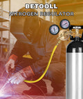 Nitrogen Regulator With CGA580 Inlet Connection, 1 Quarter Inch Male Flare Outlet, in use near welding, 2 Inch Gauges Visible