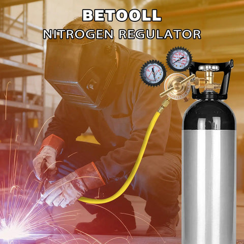 Nitrogen Regulator With CGA580 Inlet Connection, 1 Quarter Inch Male Flare Outlet, in use near welding, 2 Inch Gauges Visible