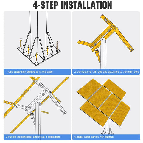 4-step installation guide for Dual Axis Solar Tracker Kit With Controller Boosts PV Output By 40 Percent Complete Tracking System For Solar Panels 270 Degree Rotation Ideal For Yard Farm Field Installations