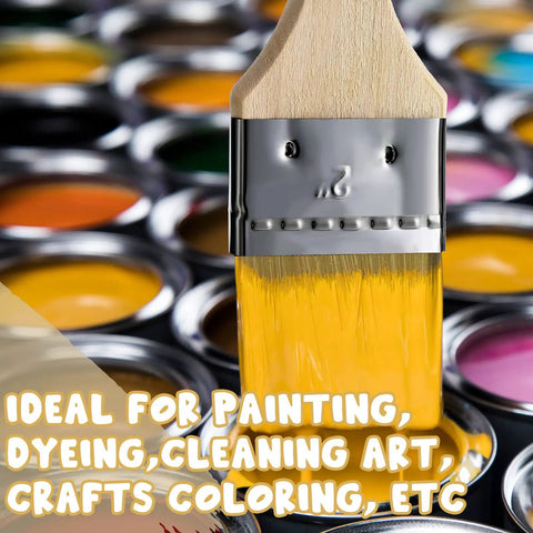 Bulk 120 Pack 2-Inch Chip Brushes For Paint Glue Varnish Wood Stain And Crafts - brush with yellow paint over open cans