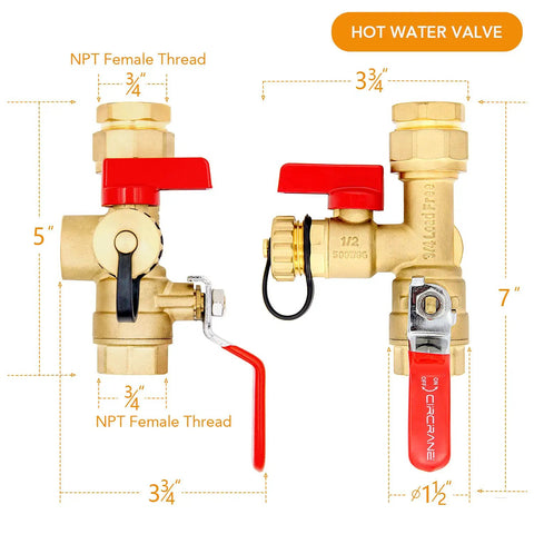Three Quarters Inch IPS Tankless Water Heater Isolation Valve Kit with red handles and NPT female thread