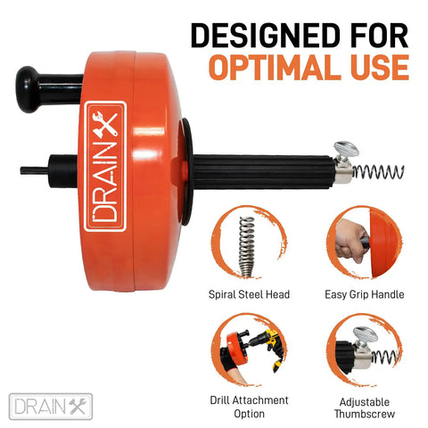 25-Foot Steel Drum Auger Plumbing Snake With Drill Attachment For Manual Or Powered Use Heavy Duty Drain Cleaner
