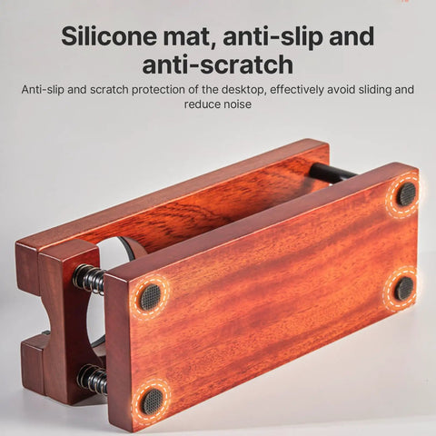 Keep Your Shot Prep Crisp With This Solid Tiered Espresso Tamper Station And Knock Box Organizer Universal 51 To 58 Millimeter Portafilter Holder Natural Wood Coffee Bar Organizer Setup with anti-slip silicone pads.