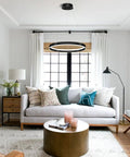 Slick Modern LED Chandelier With Remote Control, 60W Black Ring Ceiling Light Dimmable in stylish living room setting