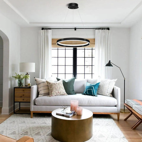 Slick Modern LED Chandelier With Remote Control, 60W Black Ring Ceiling Light Dimmable in stylish living room setting