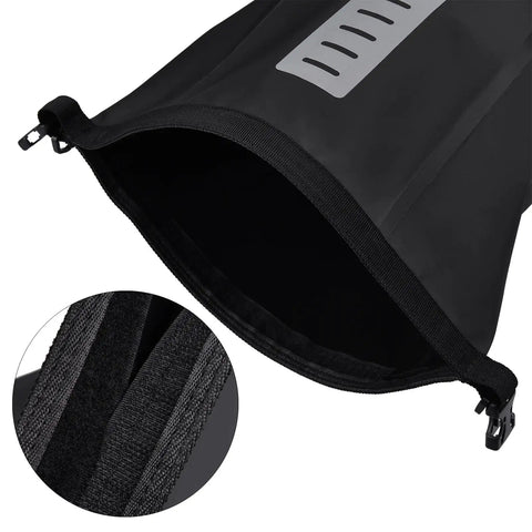 10L Roll Top Bike Saddle Bag with Water Resistant PVC TPU Construction showing adjustable opening and reflective accents