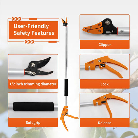 Image showing a Long Reach Tree Pruner And Trimmer For High Branches And Fruit Picking 3.5 Foot Aluminum Extension Shears with features