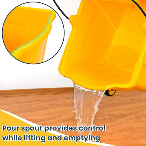 Close-up of yellow 35 Quart Side Press Wringer Mop Bucket Set On Wheels With Industrial Mop pouring water on floor