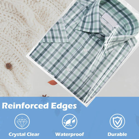 Clear Poly Bags For Clothes Set Of 70 12x16 Inches Resealable Shirt Bags with reinforced edges, showcasing a plaid shirt inside.