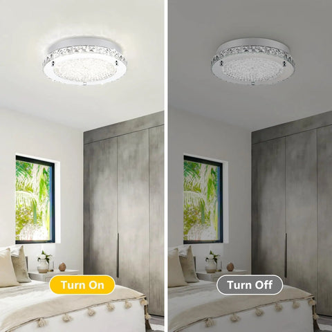 Crystal Flush Mount Ceiling Light With K9 Crystals, Dimmable 18W LED, 11 Inch Modern Fixture in bedroom, lit and unlit view