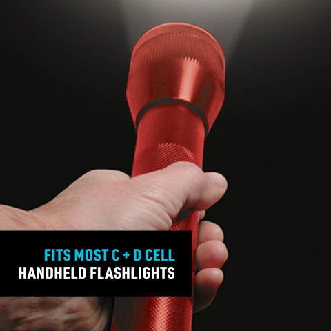 Person holding a red flashlight, demonstrating High Power LED Upgrade Bulb For C And D Cell Flashlights 74 Lumen Soft White Replacement.