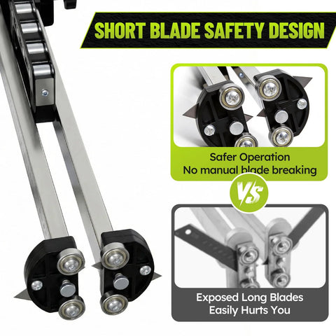 Drywall cutter with foldable arms, 10 short safety blades and storage slot, metric/imperial scale, adjustable cut height
