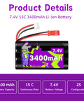 Two Pack 7.4V 3400mAh Li Ion Batteries With Red JST Plug For RC Speed Truggy Boats Drones Airsoft Water Ball Blasters And 2S Charger High Capacity Power Up Your Rigs With Easy Recharges. Image shows a battery with detailed specs.