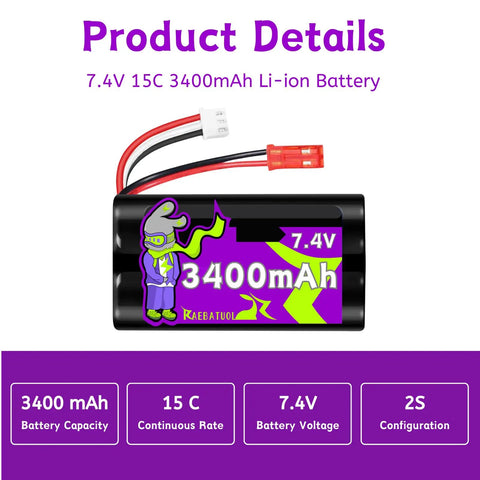 Two Pack 7.4V 3400mAh Li Ion Batteries With Red JST Plug For RC Speed Truggy Boats Drones Airsoft Water Ball Blasters And 2S Charger High Capacity Power Up Your Rigs With Easy Recharges. Image shows a battery with detailed specs.