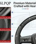 Premium Microfiber Leather Steering Wheel Cover With Anti Slip Padding And Matte Carbon Trim For Solid Daily Driving Universal 14.5 Inch Black close-up of material details