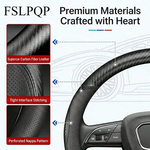 Premium Microfiber Leather Steering Wheel Cover With Anti Slip Padding And Matte Carbon Trim For Solid Daily Driving Universal 14.5 Inch Black close-up of material details