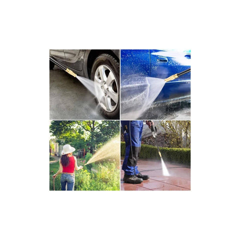 Pro Grade Heavy Duty High Pressure Garden Hose Nozzle Sprayer Gun Attachment With Brass Coupler in use on car and garden surfaces