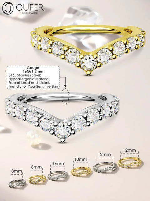 Gold and silver 16G helix earrings with V shaped CZ inlay, made from 316L surgical steel, displayed in various sizes.