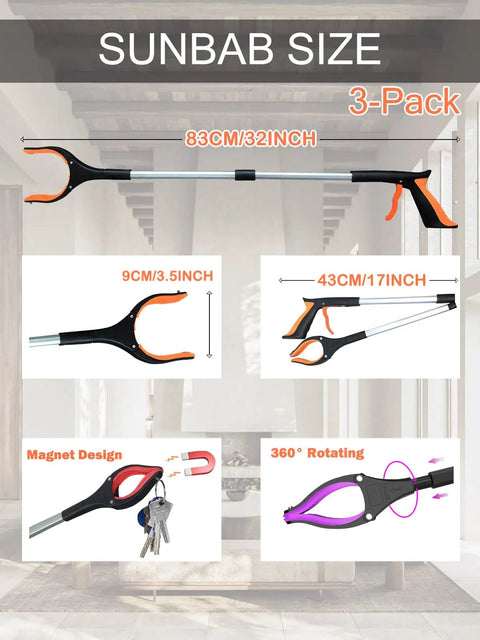 3 Pack 32 Inch Grabber Reacher Tool Set With Foldable Handle, Ergonomic Grip, 360 Degree Swivel Anti Slip Jaw, Magnetic Tip, Lightweight Trash Picker Reachers For Easy Cleanup And Hard To Reach Spots
