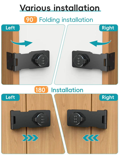 Visual guide showing various installation angles for Keyless Hasp Lock For Cabinets And Small Doors, 1000 Combo Password Lock For Barn, Shed, Garage, Outdoor, Garden, And Bathroom Use, No Key Hassle, Heavy Duty Metal Construction, Easy Install, Black Finish.