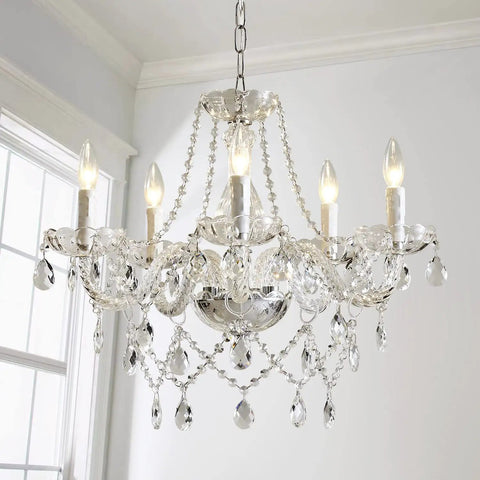 6 Light Black Crystal Chandelier With K9 Crystals, Modern Ceiling Fixture for dining room, hanging elegantly.