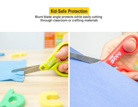 5 Inch Kid Safe Scissors With Blunt Tip For Easy Safe Cutting, Left Or Right Hand Use, Ergonomic Grip shown cutting paper