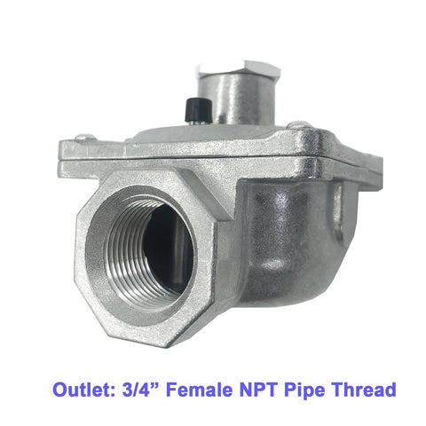 Side view of natural gas pressure regulator with 3/4 in FNPT outlet; metal body and adjustment knob