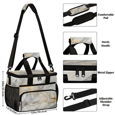 Glossy Marble Grey Insulated Picnic Backpack Lunch Box For Women And Men showing 12x9 inch size and features like metal zipper