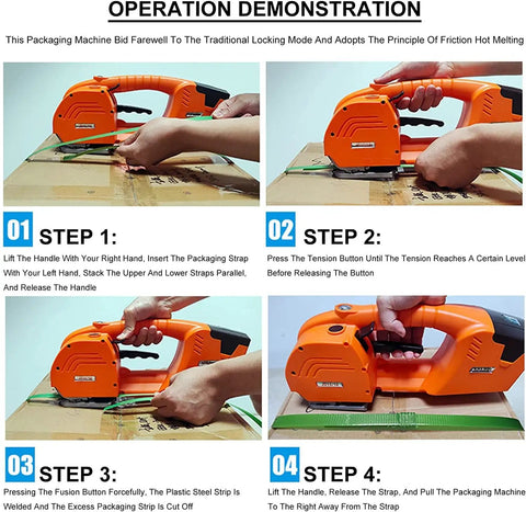 Operation demonstration of Heavy Duty Automatic Electric Strapping Gun For Pp Pet Strap Bundling Fast Seal Kit with tensioning steps.