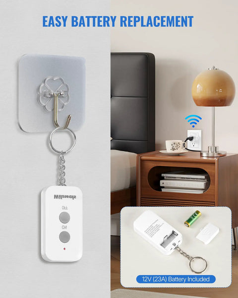 Plug In Remote Outlet Switch Wireless Control for Lamps and Lights No Wiring Needed Remote On Off Plug Programmable 100 Ft RF Range 15 Amp 1875 Watt Battery Included FCC Listed with battery visible next to bedroom lamp
