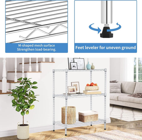 Adjustable Four Tier Wire Shelving Unit With Black Metal Frame And Plastic PP Shelves For Kitchen Pantry Laundry And Utility Storage NSF Certified Narrow Space Saver 43.9 Inches High 17.3 Inches Wide 11.4 Inches Deep with feet leveler, mesh surface, and decor items