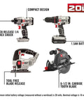 Killer 20V Max Lithium Eight Tool Combo Kit With Dual Batteries And Quick Charger Features Compact Drill Driver And High Output Impact, showing tools and specs.