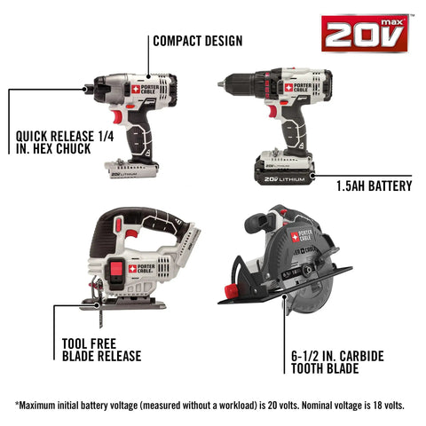 Killer 20V Max Lithium Eight Tool Combo Kit With Dual Batteries And Quick Charger Features Compact Drill Driver And High Output Impact, showing tools and specs.