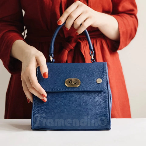 Framendino blue pebbled leather handbag with gold turn-lock clasp and top handle