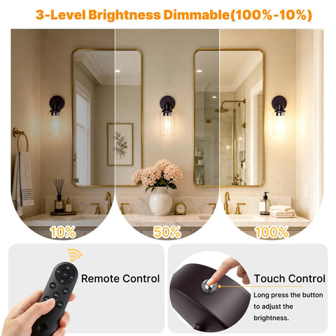 MATAMEYE Battery Operated Wall Sconce Set of 2, Rechargeable Wall Lights showcasing 3 brightness settings in a stylish bathroom.