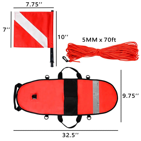 Inflatable Dive Float Torpedo Buoy For Scuba Freediving Snorkeling And Spearfishing With Flag And Rope 210D Nylon