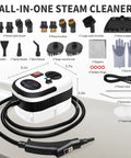 Supercharged Handheld Steam Cleaner With Beast Mode 2500 Watt Power and Snappy 15 Second Heat Up shown with accessories and dimensions