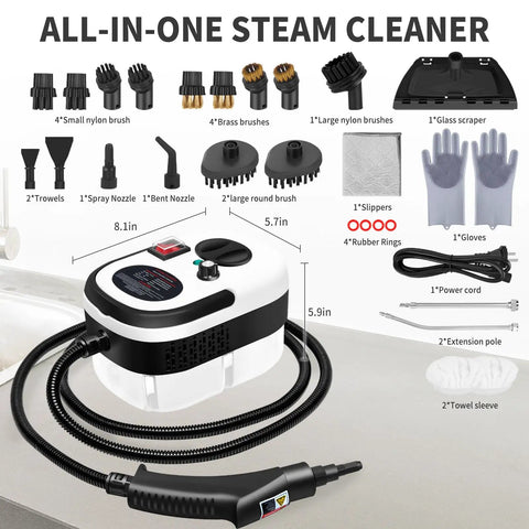 Supercharged Handheld Steam Cleaner With Beast Mode 2500 Watt Power and Snappy 15 Second Heat Up shown with accessories and dimensions