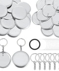 100 Sets Button Maker Kit With 58mm Shells And 1.98 Inch Keychain Rings, showing metal shells, keychains, films, and backings