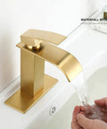 Gold Waterfall Bathroom Faucet With Brushed Gold Finish Modern Single Handle Vanity Faucet For One Hole Sink Lead Free Stainless Steel Smooth Waterfall Spout Easy Install Includes Drain And Supply Lines