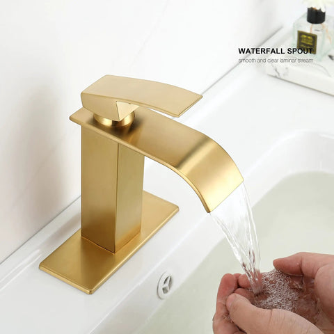 Gold Waterfall Bathroom Faucet With Brushed Gold Finish Modern Single Handle Vanity Faucet For One Hole Sink Lead Free Stainless Steel Smooth Waterfall Spout Easy Install Includes Drain And Supply Lines